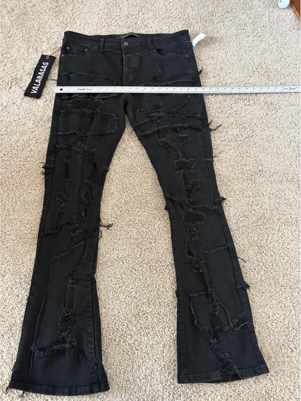 VALABASAS Black Distressed Flared Stretch Denim Jeans